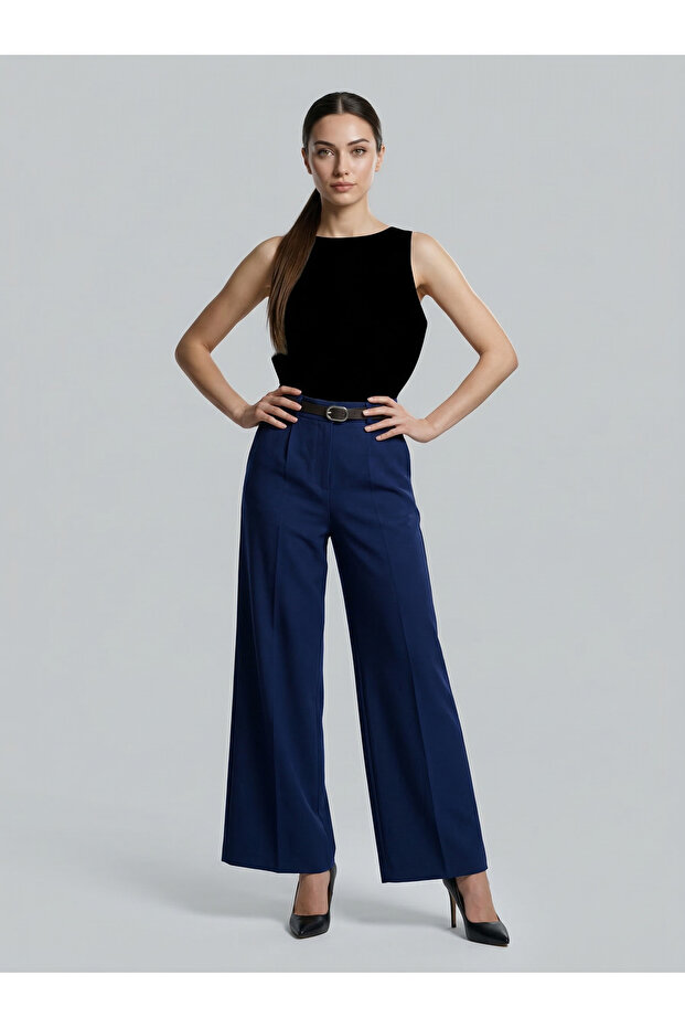 Lycra Fabric S Suede K Belt Detailled B Wide-Leg Pants