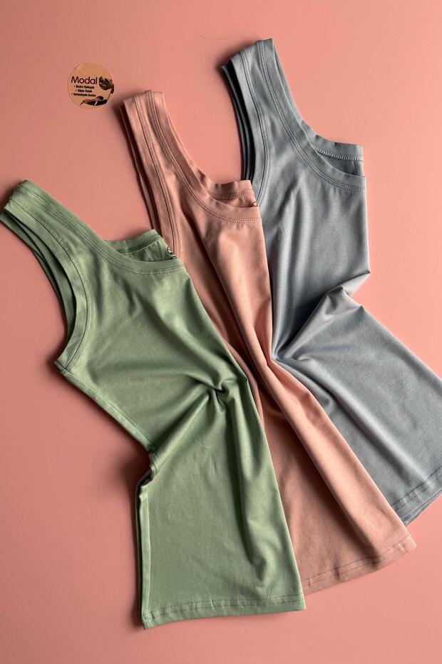 Zerra | Modal 3-Piece Extra Piped Sleeveless Pink, Blue, and Green Women's Tank Top Set 66E03