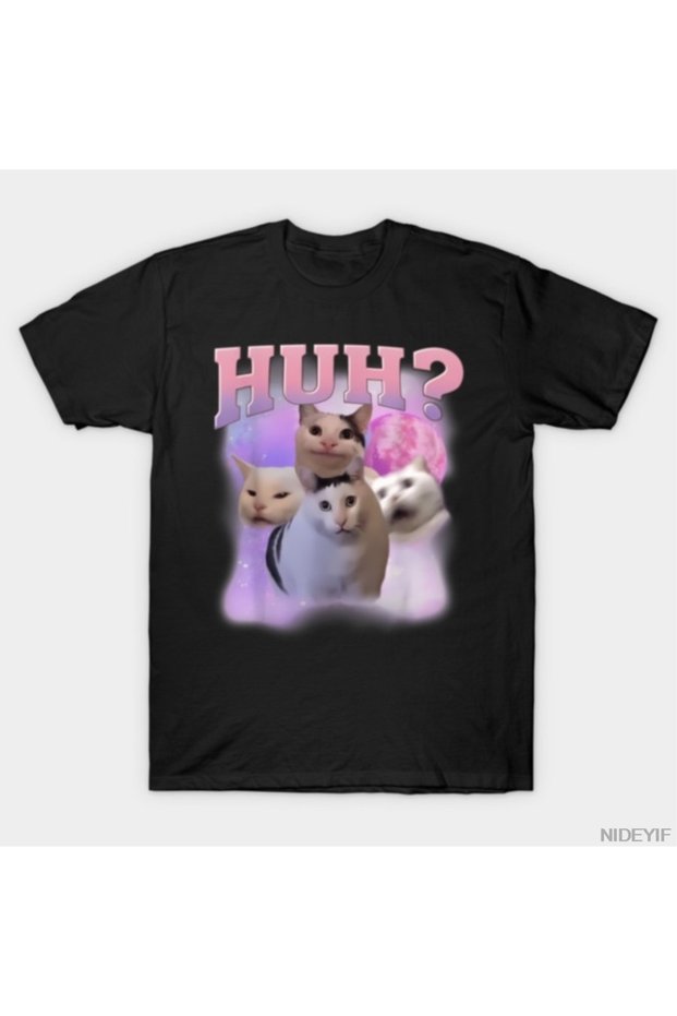 Funny Meme Huh Cat Shirt Cat Lovers Humor T-Shirt for Men Women 100% Cotton t