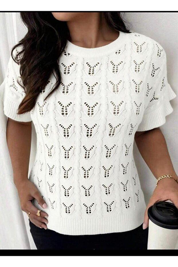 Short Sleeve Lace-Like Knit Slim Fit Crew Neck Knitwear Sweater