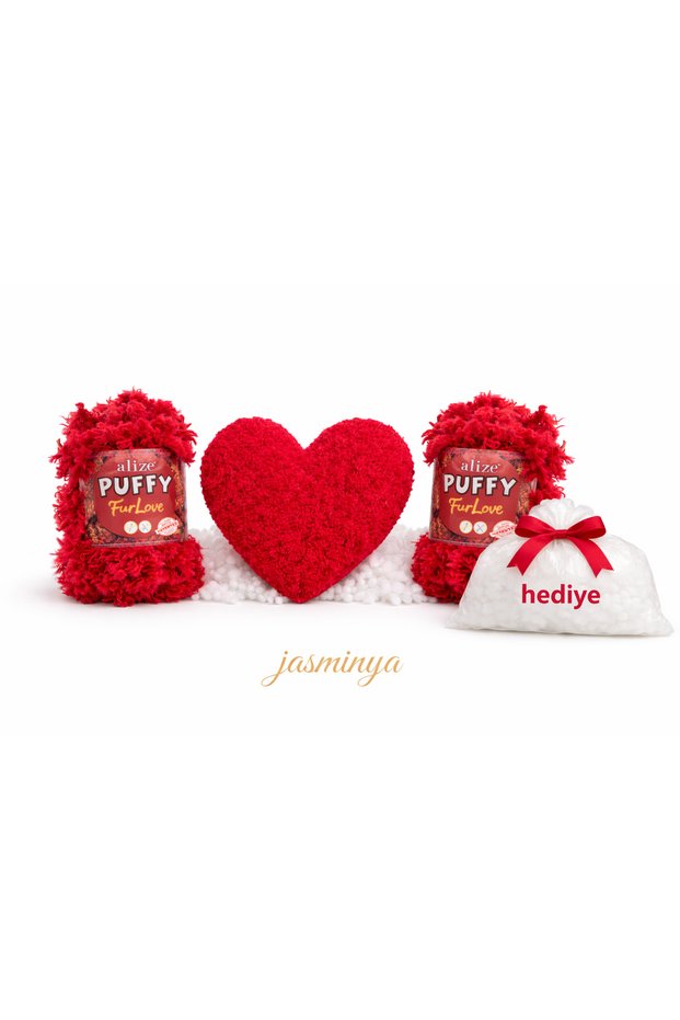 Heart Pillow Puffy Furlove Material 2 Pieces Puffy Furlove 56 Red and Bead Fiber Set Gift