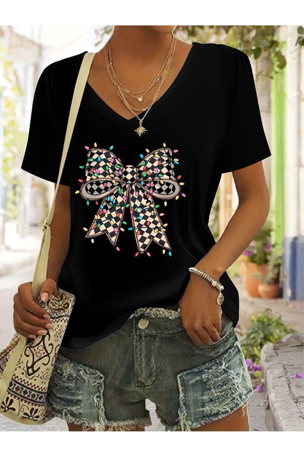 Women's Ribbon Printed V-Neck Sleeved Regular Fit T-Shirt