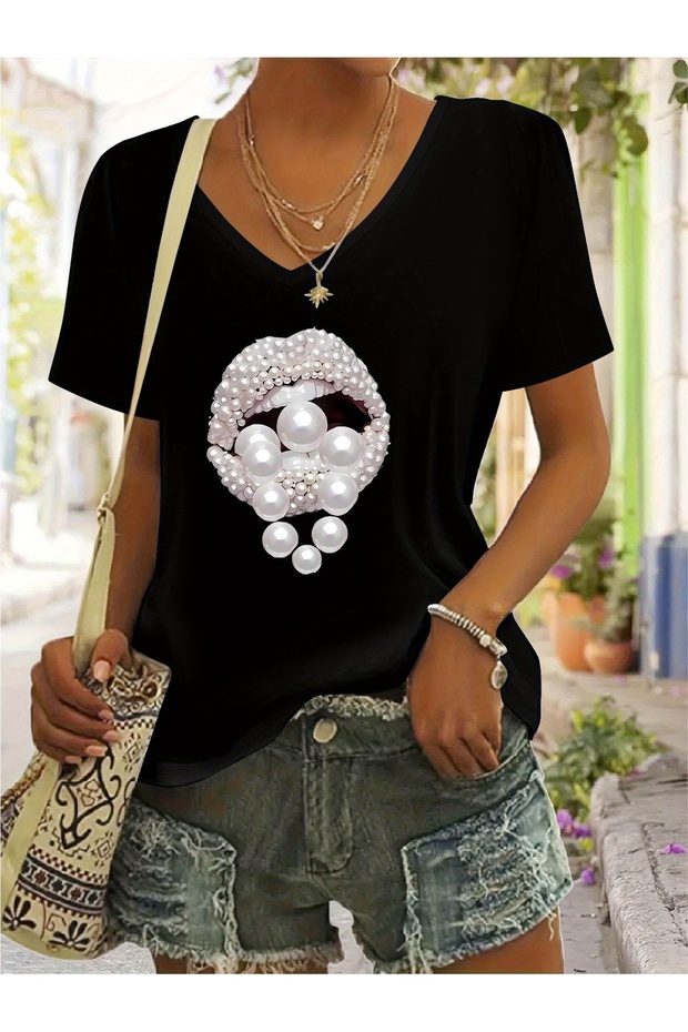 Women's Pearl Pattern Lip B Printed V-Neck Sleeved Regular Fit T-Shirt