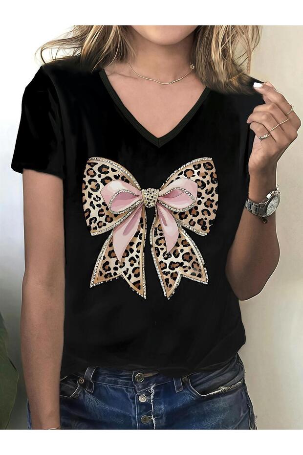 Women's Ribbon Printed V-Neck Sleeved Regular Fit T-Shirt