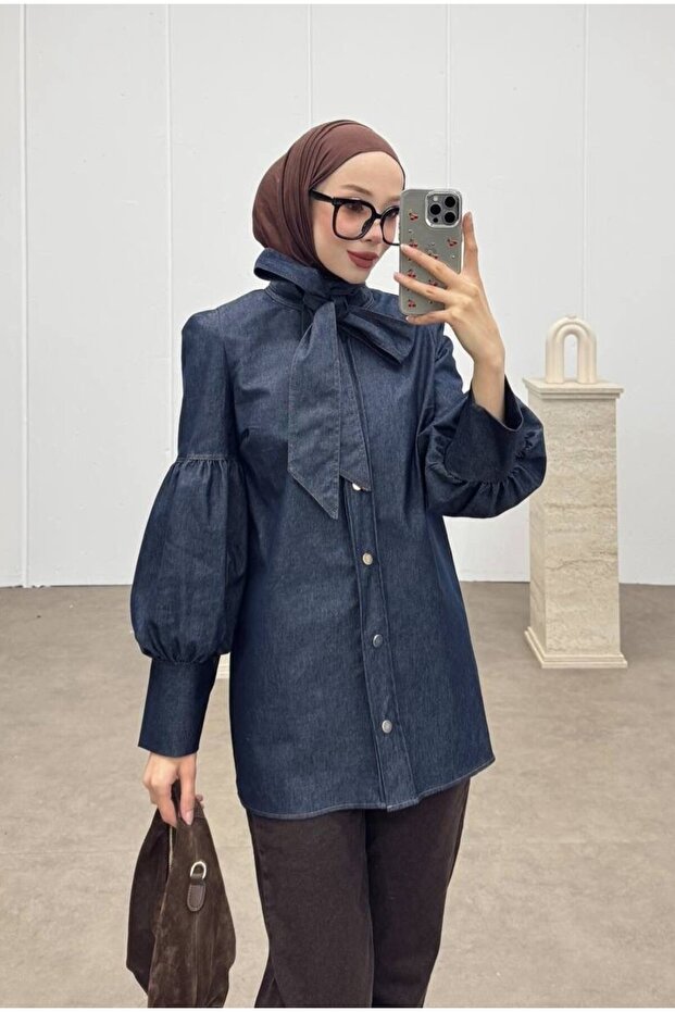 Denim Hijab Balloon Detailed Belted Shirt