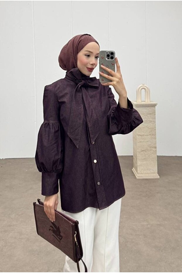 Denim Hijab Balloon Detailed Belted Shirt
