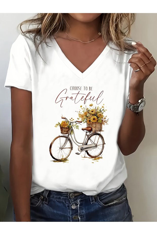 Women's Floral Printed V-Neck Sleeved Regular Fit T-Shirt