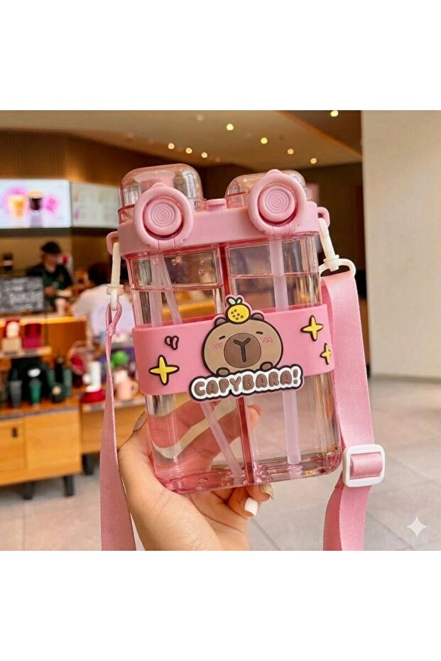 Capybara Figured Double Compartment Children's Water Bottle with Straw - Adjustable Strap Liter Leak-Proof Water Bottle