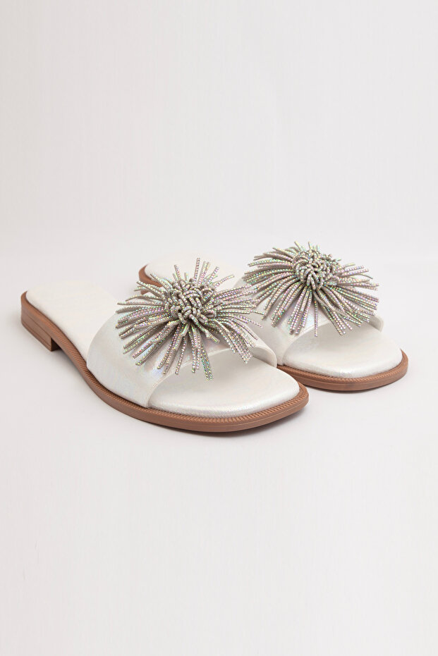 Bln 177 Pompon Stone Detail Flat Sole Slipper