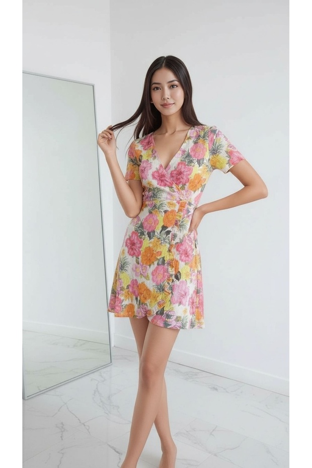Women's Double-Breasted Collar Ruffled Skirt Waist Fitting Patterned Casual Stylish Mini Dress
