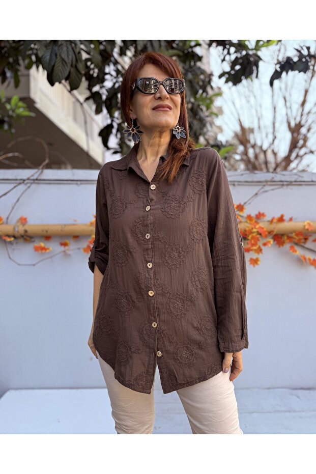 Embroidered Patterned Shirt Brown