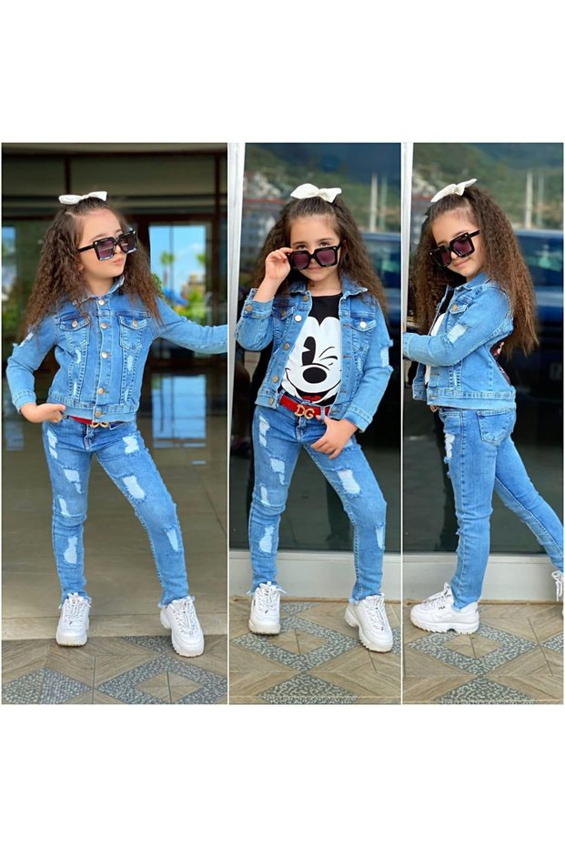 Festive Girls' Denim Jacket - Denim Pants - T-Shirt 3-Piece Stylish Set - Seasonal