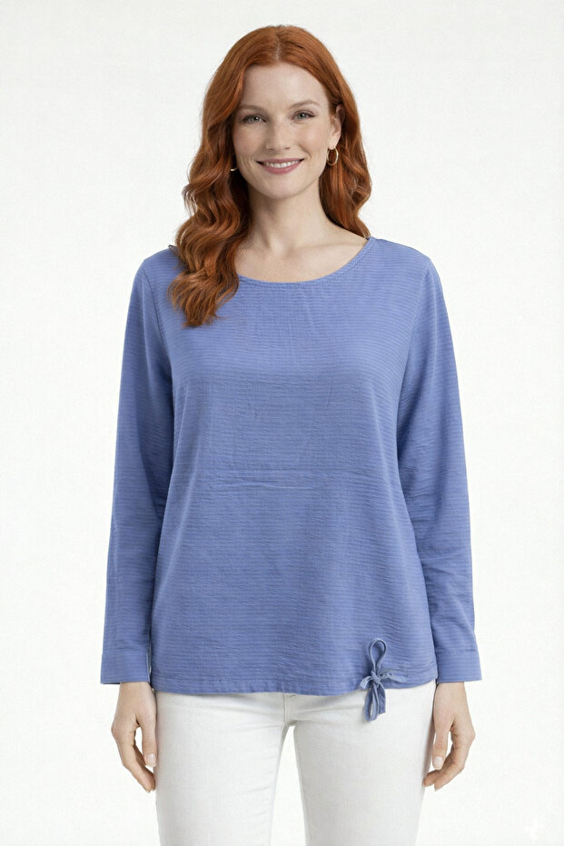 Comfortable Fit Blue Women's Blouse with Side Tie Detail