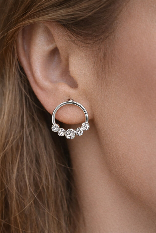 Ziyena Silver Framed Crystal Stone Round Design Silver Gray Metallic Silver Earrings