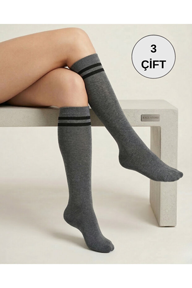 3-Piece Striped Knee-Length Women's Socks