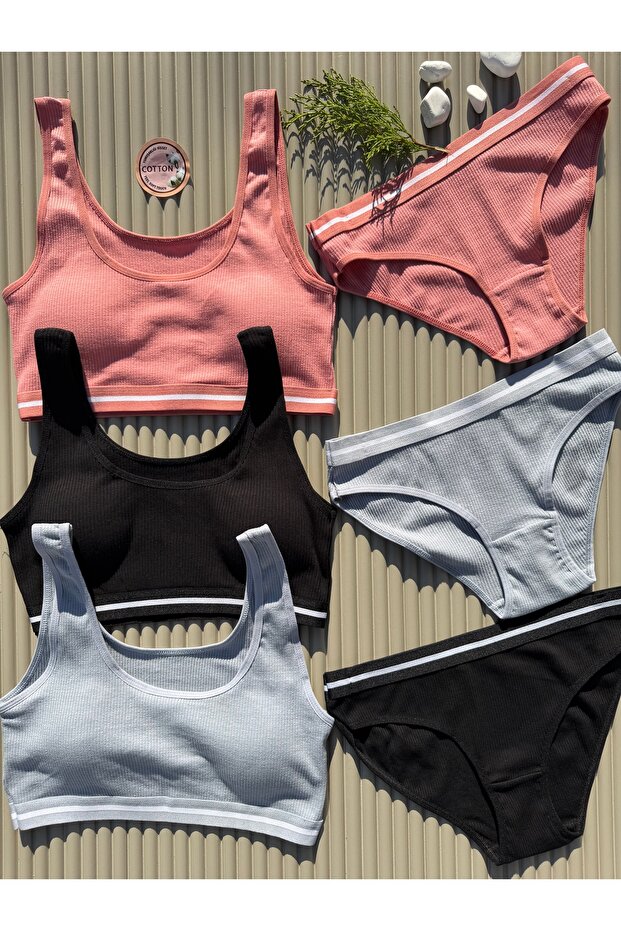 Cotton Lu Ribbed Knit 3-Piece Black, Blue, Dusty Rose Bustier and Bikini Set with Removable Pads