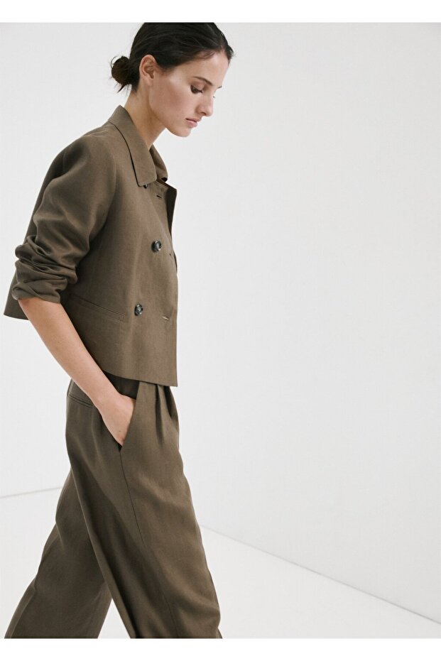 Çift düğmeli keten blazer ceket - 1