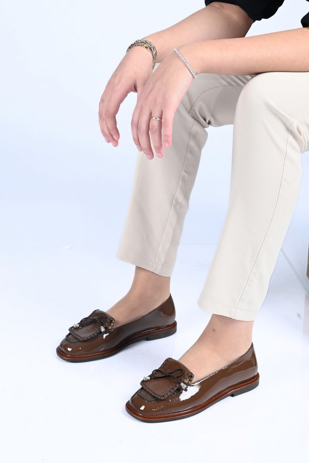Laceless Saraç Detailed Jurdan Sole Genuine Leather Patent Leather Loafers 332-26146 Women's Shoes