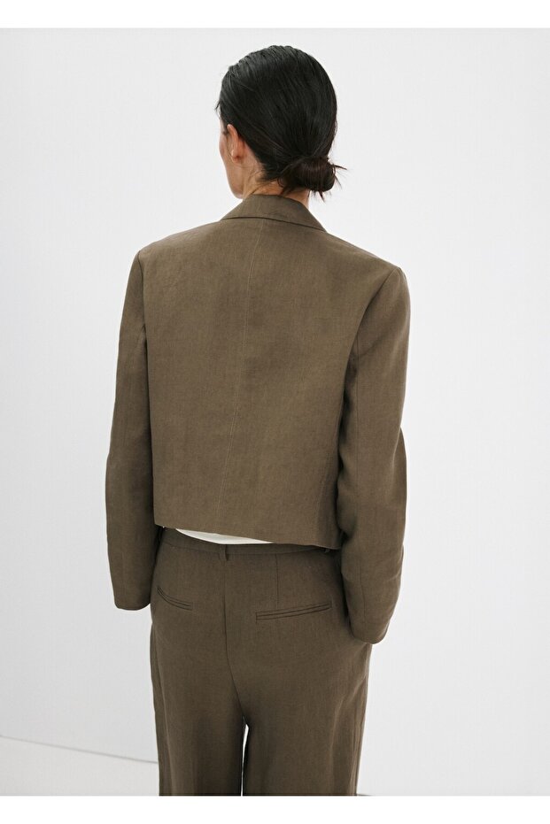 Çift düğmeli keten blazer ceket - 4