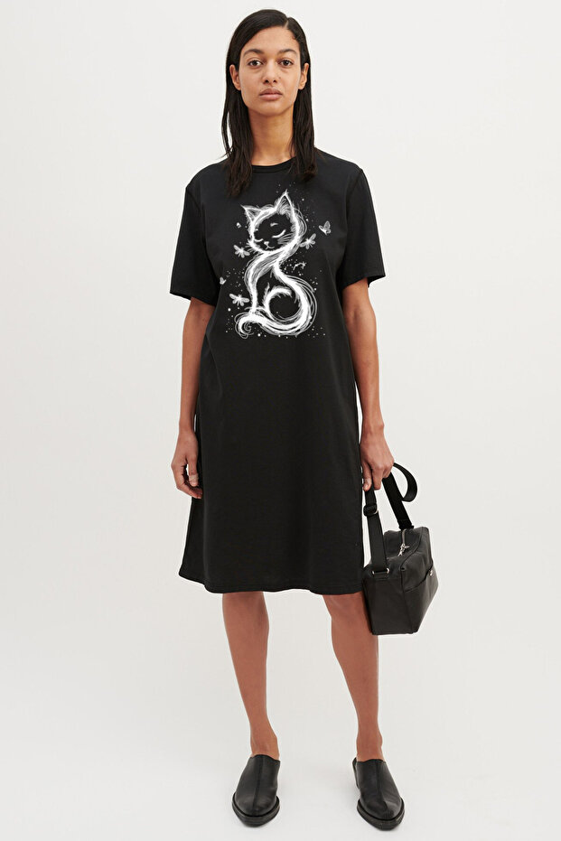 Cat Princess Black Short Sleeve Above Knee Medium Length Combed Cotton Dress