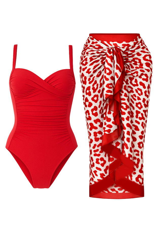 Women's Shaping / Sculpting Draped Red Swimsuit Red Leopard Pareo Set of 2 Stylish and Slimming Effect