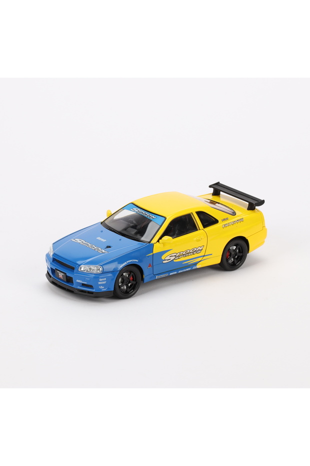 1:24 Scale Model Vehicle with Sound and Light, 4 Doors, Opening Hood and Trunk, with Stand, Yellow Blue