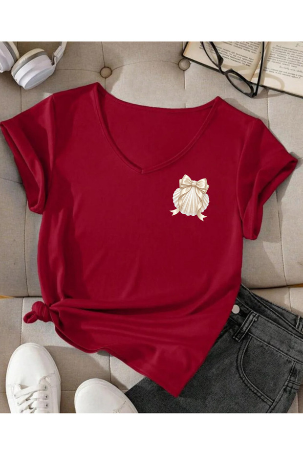 Ribbon Sea Shell Ba Printed Collar Regular Short Sleeve Women's Pa Cotton Tshirt