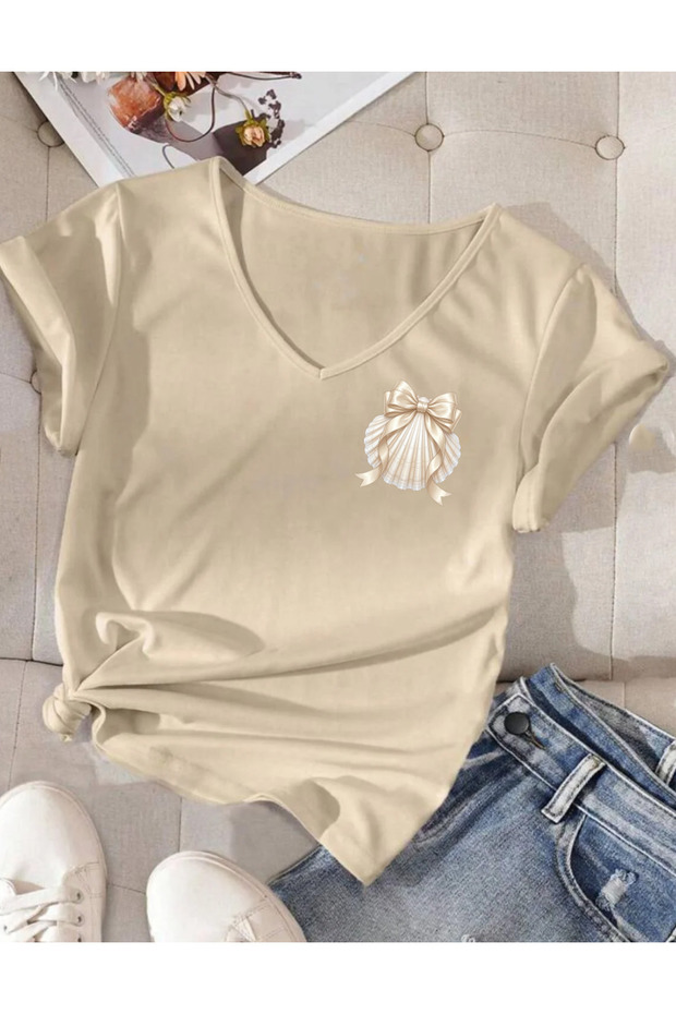Ribbon Sea Shell Ba Printed Collar Regular Short Sleeve Women's Pa Cotton Tshirt