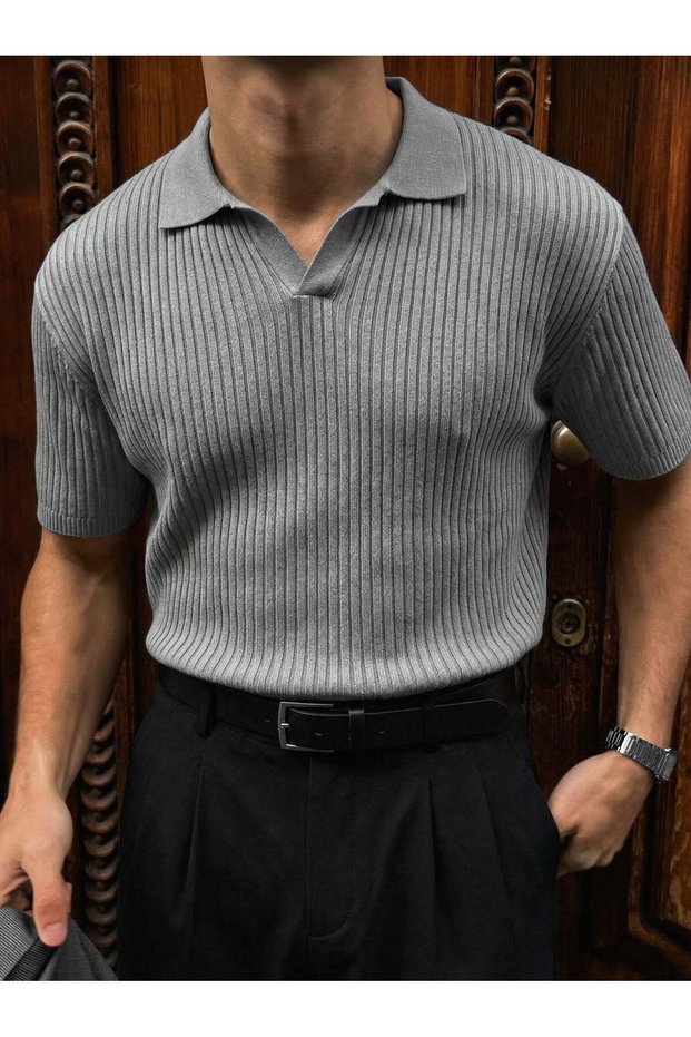 Men's Italian Polo Neck F Corded Fabric Knitwear T-Shirt Vertical Ç Striped Knitted S Slim Fit T-Shirt Old Money