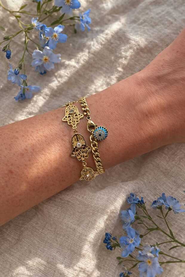 Stainless Steel 2-Piece Combination Bracelet with Fatma Ana Hand and Evil Eye Bead Detail