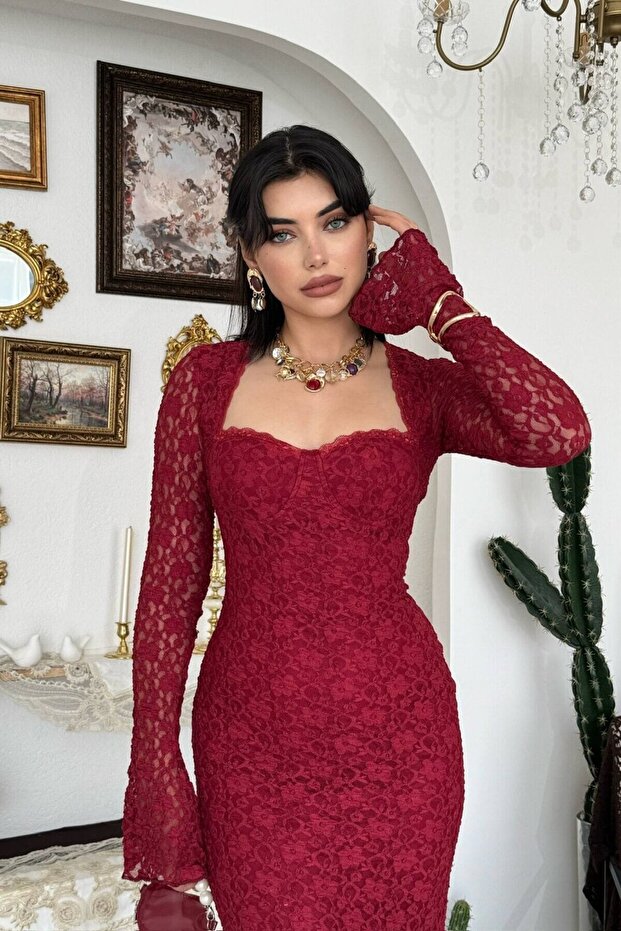 Gloplu (Supported) Lined Maxi Long Length Premium Claret Red Lace Dress