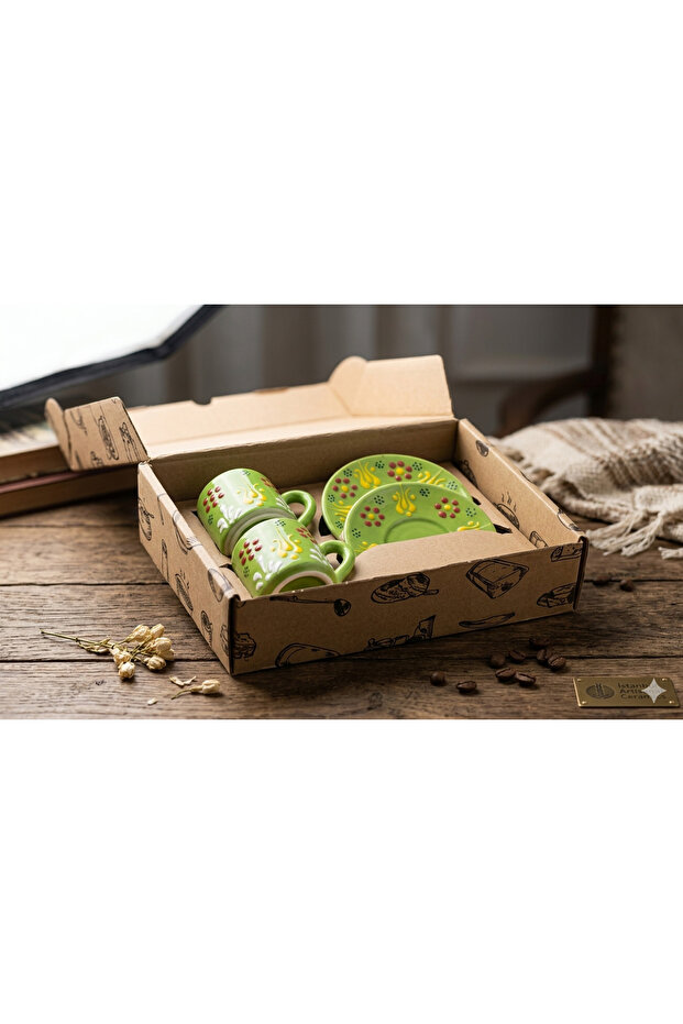 Lale Patterned Green Porcelain 2-Piece Cup Set
