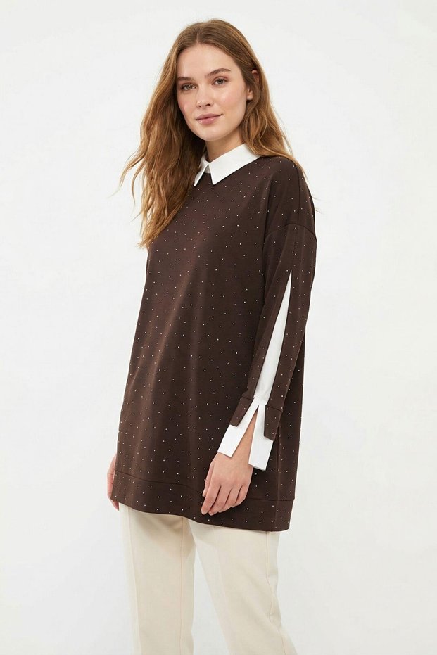 Bitter Brown Shirt Collar Stone Detailed Sleeve Tunic 8274