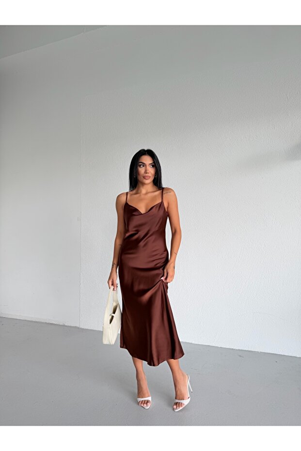 Strappy Collar Satin Midi Dress