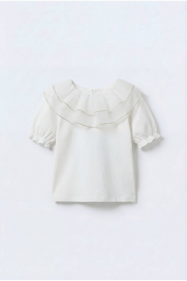 Girl's Cotton Pack White Flounce Collar Blouse - Gold Striped Detail