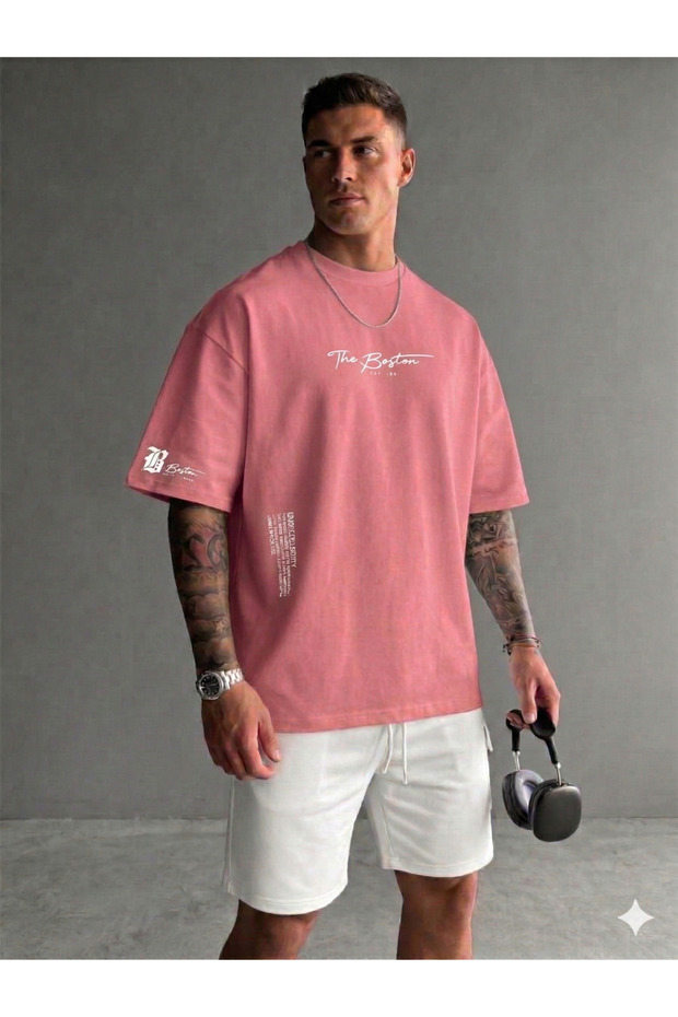 تي شيرت The Boston مطبوع Crew Neck قطن llu كبير الحجم للجنسين