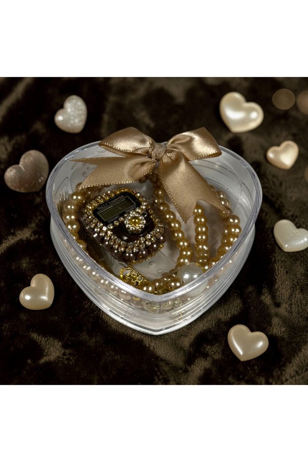 Luxuriously Decorated Digital Zikirmatik and Pearl Prayer Beads Heart Box - Umrah and Hajj Gift