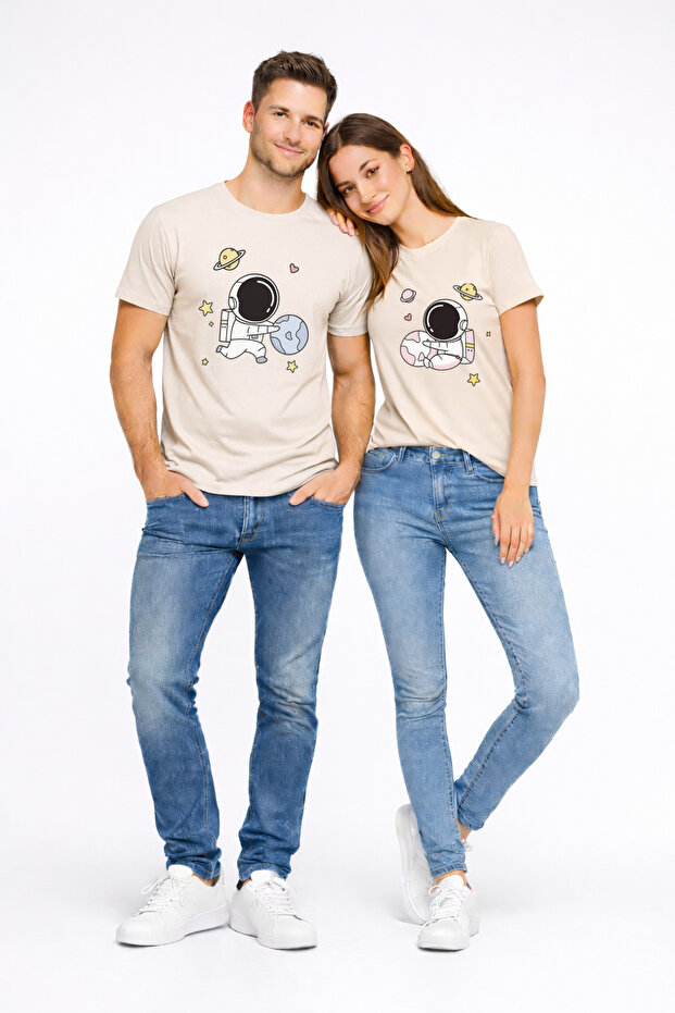 Lover's Combination Astronaut Printed Couple T-Shirt Oversize Unisex Partner T-Shirt Set of 2 Beige