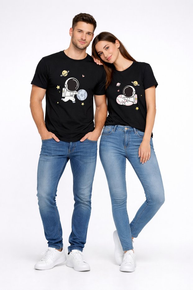 Lover Couple Astronaut Printed Couple T-Shirt Oversize Unisex Partner T-Shirt Set of 2 Black