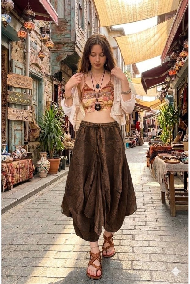 Women's Indian Elastic Waist Bag Pocketed 100% Cotton Shalwar Skirt
