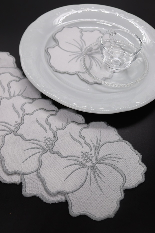 Ecru&Grey Floral Print Coaster Presentation Napkins 6 Pieces