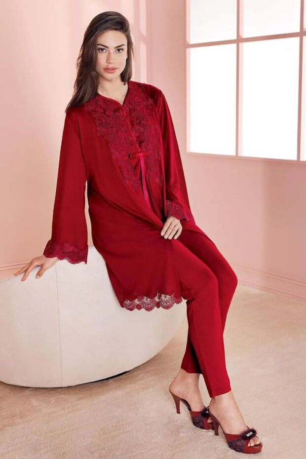 Women's Combed Cotton Lace Detailed 3-Piece Maternity Pajama Set