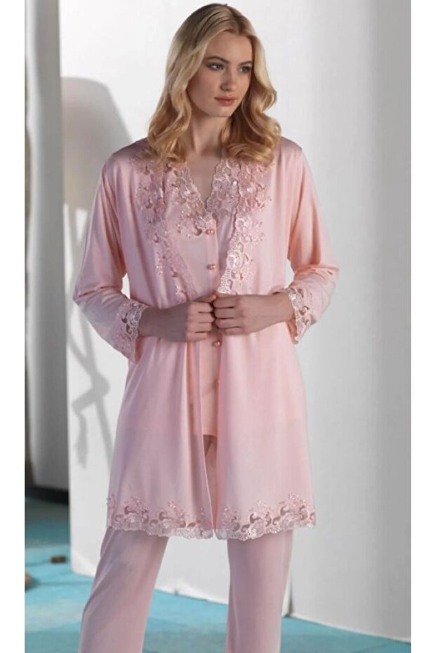 Women's Cotton Piece Pajama Set with Dressing Gown, Lace Sleeves, 3-Piece Maternity Pajama Set