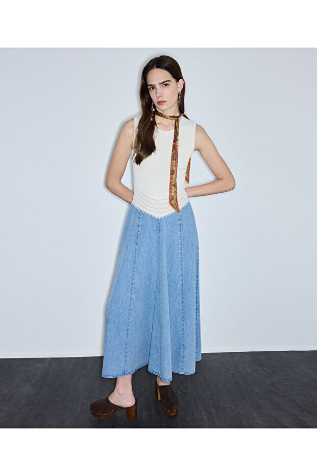 Denim ve triko mix elbise