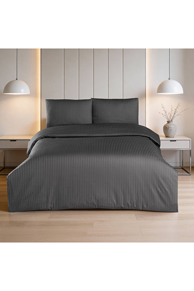 Linestyle Double %100 Cotton satin (90 thread count) duvet cover set anthracite (3 pieces) 200x220/50x70 anthracite