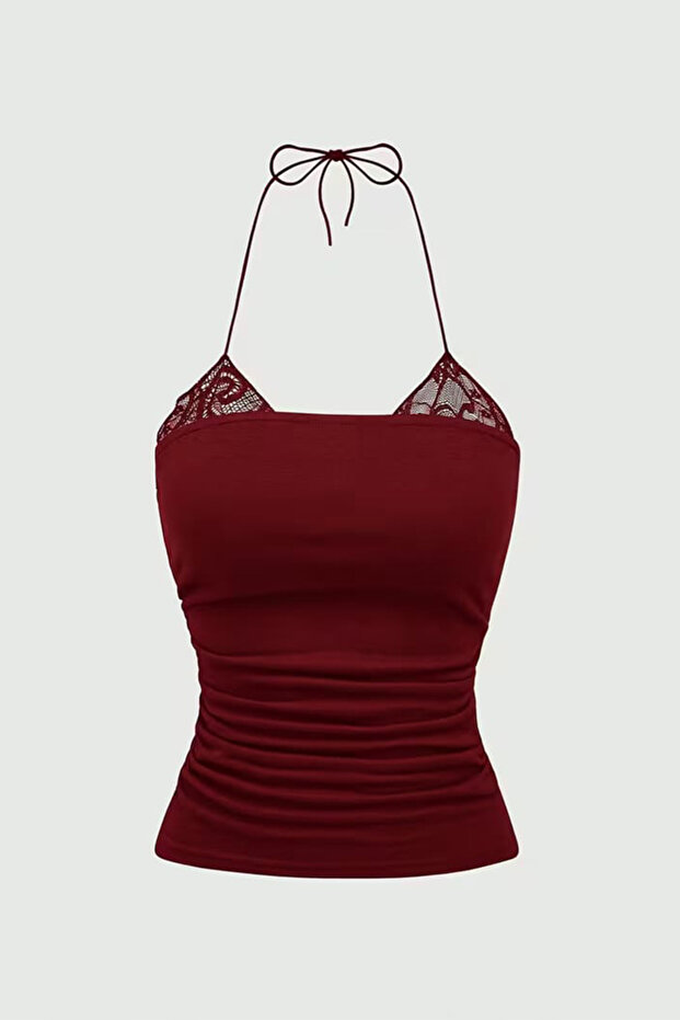 Burgundy Lace Attached Tie-Detail Y2K Strap Cropped