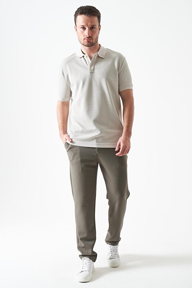 Men's Khaki Half-Elastic Waist Mendi Knitted Jacquard Trousers