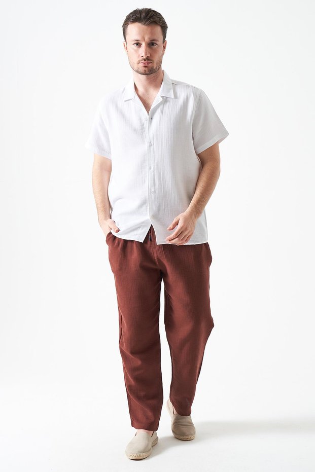 Men's Brown Waist Tie-Detail Baggy Muslin Trousers
