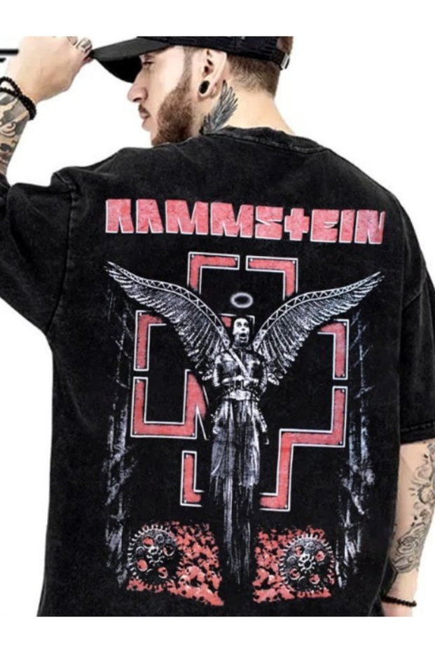 Unisex Black Oversized 100% Cotton Back and Front Printed Crew Neck Street Style T-Shirt Rammstein