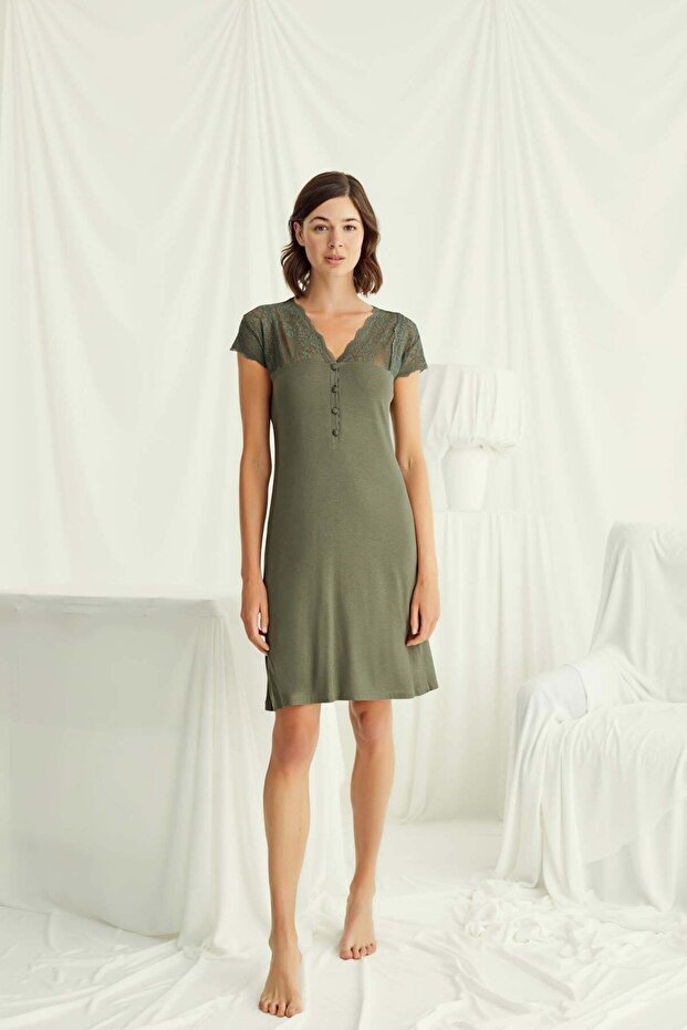 Lace Front Buttoned Nightgown with Sleeves Shoulder and Neckline